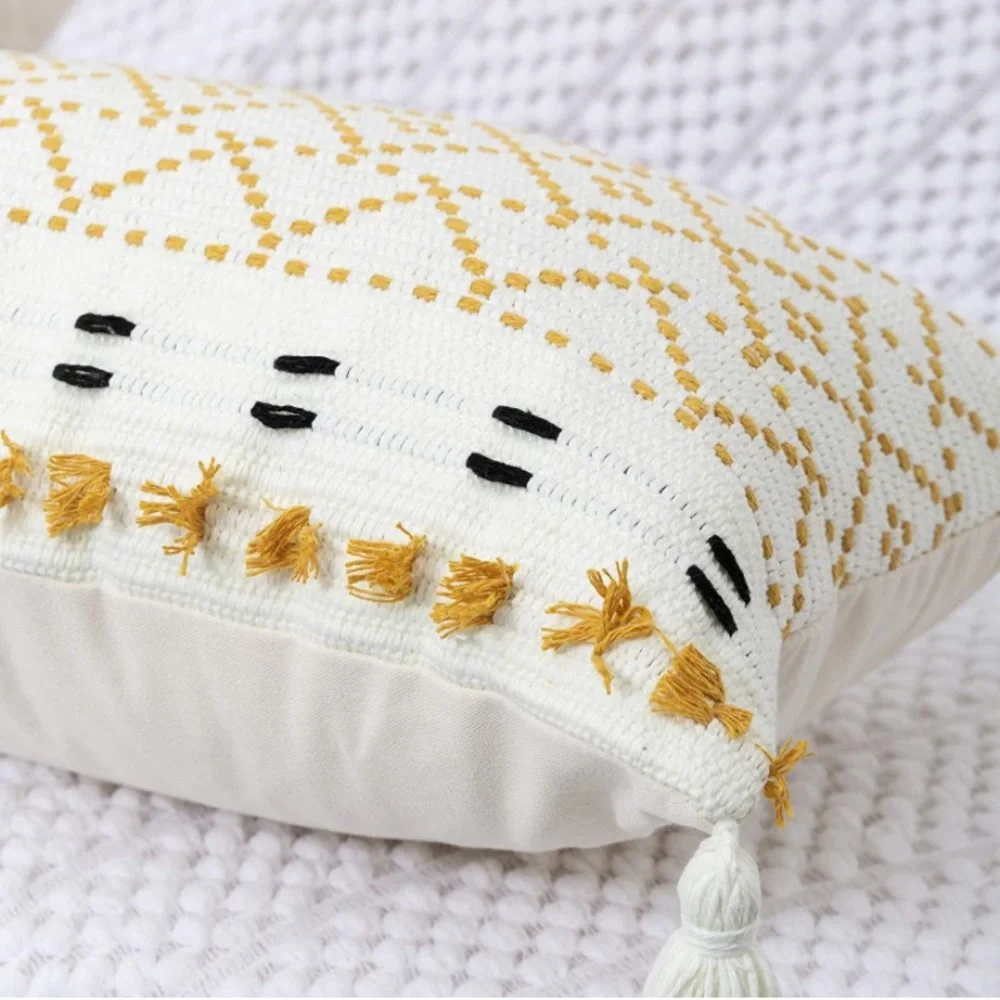 Luxury Home | Boho Yellow & Ivory Moroccan Weave Tassel Throw Pillow Cover